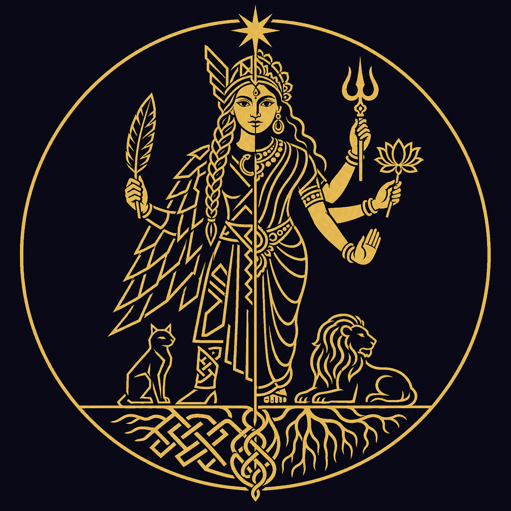 The project’s emblem: one goddess in two halves — Freyja to the left, Durga to the right — beneath the eight-pointed morning star, their roots interwoven beneath the ground-line.